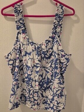 GAP Blue & White Floral Smocked Strap Camisole with Pink Accents